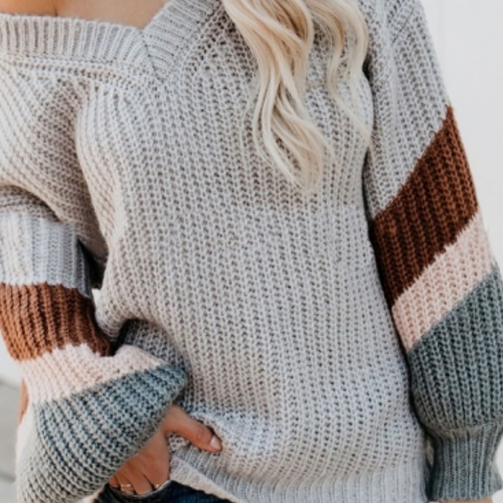 Oversized Color Block Striped Knit Pullover Sweater - Picture 2 of 6